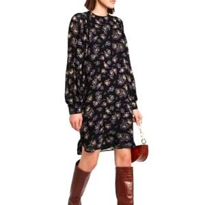 Ganni Floral Print Georgette Knee Length Dress Size 38 Long Sleeve Purple Black